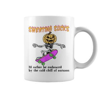 Sweating Sucks Skeleton Pumpkin Head Halloween Coffee Mug - Seseable