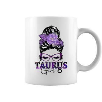 Taurus Girl Birthday Messy Bun Hair Purple Floral Coffee Mug - Seseable