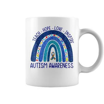 Teach Hope Love Inspire Teacher We Wear Blue Autism Rainbow Coffee Mug - Thegiftio UK