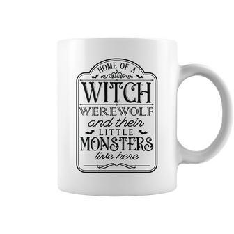 Vintage Halloween Sign Home Of A Witch Werewolf And Their Little Monster Coffee Mug - Seseable