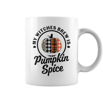 Womens My Witches Brew Is Pumpkin Spice Halloween Plaid Leopard Coffee Mug - Seseable