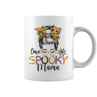 Womens One Spooky Mama Messy Bun Funny Mom Halloween Spider Costume Coffee Mug - Seseable