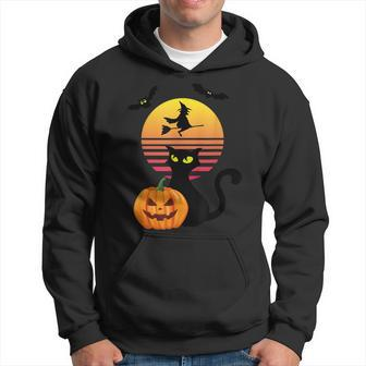 Black Cat Bat Witch And Pumpkin At Sunset On Halloween Hoodie - Seseable