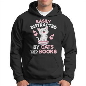 Easily Distracted By Cats And Books Cute Cat Book Lover Men Hoodie - Thegiftio UK