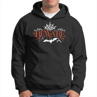 Halloween Beware Bat And Spidernet - Orange And White Men Hoodie Graphic Print Hooded Sweatshirt - Seseable