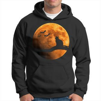 Halloween Black Cat Orange Full Moon And Bats Hoodie - Seseable