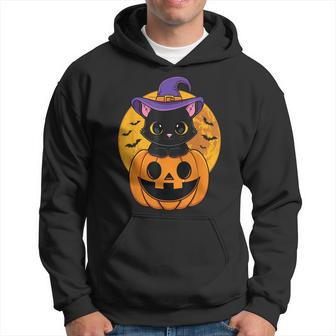 Halloween Black Cat Witch Hat Pumpkin For Kids Girls Hoodie - Seseable