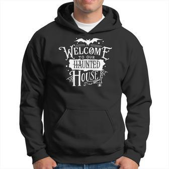 Halloween Welcome To Our Haunted House White Men Hoodie Graphic Print Hooded Sweatshirt - Seseable