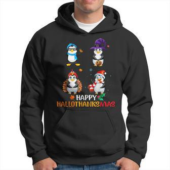 Penguin Halloween And Merry Christmas Happy Hallothanksmas Sweatshirt Men Hoodie Graphic Print Hooded Sweatshirt - Thegiftio UK
