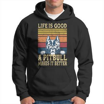 Womens Dog Lover Life Is Good Pitbull Make It Better Vintage Retro V Neck Men Hoodie - Thegiftio UK
