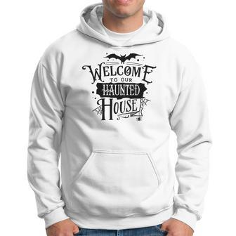 Halloween Welcome To Our Haunted House Black Men Hoodie Graphic Print Hooded Sweatshirt - Seseable