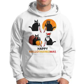 Happy Hallothanksmas Black Cat Halloween Thanksgiving Hoodie - Seseable