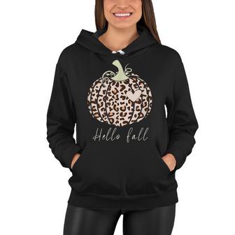 Hello Fall Animal Print Leopard Heart Pumpkin Fall Halloween  Women Hoodie