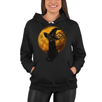 Beautiful Halloween Black Cat With Witch Hat Full Moon - Cat Women Hoodie - Seseable