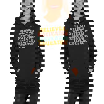 Believer Motivator Innovator Educator Retro Groovy Teacher Women Hoodie - Thegiftio