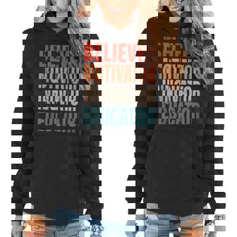 Believer Motivator Innovator Educator Retro Vintage Teacher Women Hoodie - Thegiftio