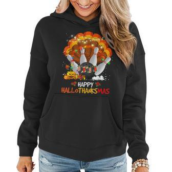 Bowling Halloween And Merry Christmas Happy Hallothanksmas Women Hoodie Graphic Print Hooded Sweatshirt - Thegiftio UK