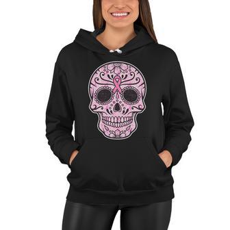 Breast Cancer Sugar Skull Day Of The Dead Dia De Los Muertos Women Hoodie - Monsterry