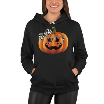 Cute Pumpkin Face With Leopard Print Glasses Girls Halloween Women Hoodie - Seseable