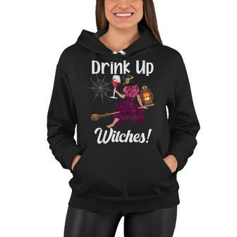 Drink Up Witches Funny Witch With Big Wine Glass Halloween Women Hoodie - Seseable