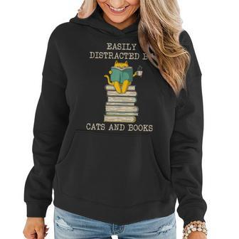 Easily Distracted By Cats And Books Reading Lover Women Hoodie - Thegiftio UK
