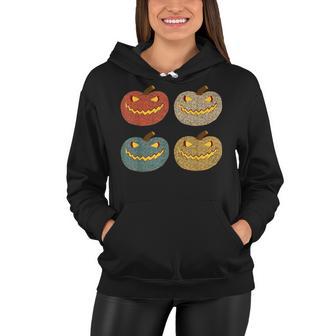 Four Scary Glowing Pumpkins Halloween Jack O Lantern Fall Women Hoodie - Seseable