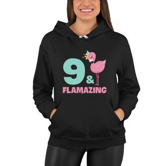 Funny Flamingo Girl Birthday Party 9 Years Old Women Hoodie - Monsterry