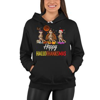 Happy Hallothanksmas Santa Witch Bearded Dragon Halloween Women Hoodie - Seseable