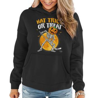 Hat Trick Or Treat Skeleton Pumpkin Ice Hockey Halloween Women Hoodie Graphic Print Hooded Sweatshirt - Thegiftio UK