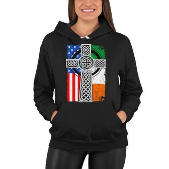 Irish American Usa Flag Celtic Cross St Patricks Day Women Hoodie - Thegiftio UK