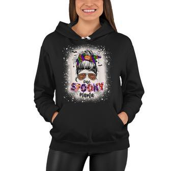 One Spooky Mama Mommy Halloween Mom Life Messy Bun Bleached Women Hoodie - Seseable