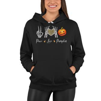 Peace Love Pumpkin Halloween Skeleton Hand Leopard Heart Women Hoodie - Seseable