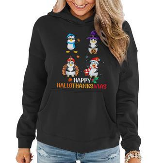 Penguin Halloween And Merry Christmas Happy Hallothanksmas Sweatshirt Women Hoodie Graphic Print Hooded Sweatshirt - Thegiftio UK