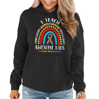 Rainbow I Teach Awesome Kids Ribbon Autism Sped Teacher Women Hoodie Graphic Print Hooded Sweatshirt - Thegiftio UK