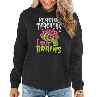 Reading Teachers Love Brains Zombie Teacher School Halloween Women Hoodie Graphic Print Hooded Sweatshirt - Thegiftio UK