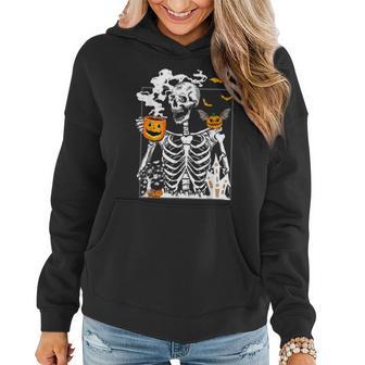 Skeleton Drinking Coffee Lover Funny Halloween Skull Women Hoodie Graphic Print Hooded Sweatshirt - Thegiftio
