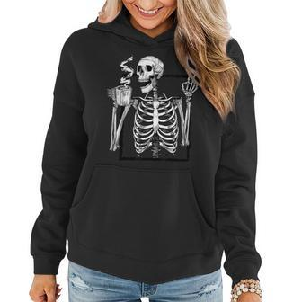 Skeleton Drinking Coffee Peace Halloween Grunge Aesthetic Women Hoodie Graphic Print Hooded Sweatshirt - Thegiftio UK