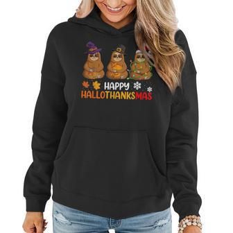 Sloth Happy Hallothanksmas Xmas Thanksgiving Halloween Women Hoodie Graphic Print Hooded Sweatshirt - Thegiftio UK