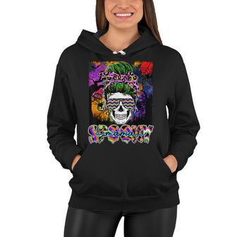 Spooky Mama Halloween Costume Witch Skull Messy Bun Leopard Women Hoodie - Seseable