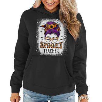 Spooky Teacher Womens Messy Bun Bleached Halloween Teachers Women Hoodie Graphic Print Hooded Sweatshirt - Thegiftio UK