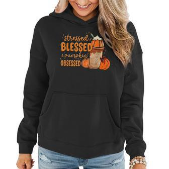 Stressed Blessed And Pumpkin Obsessed Fall Autumn Women Hoodie Graphic Print Hooded Sweatshirt - Thegiftio UK