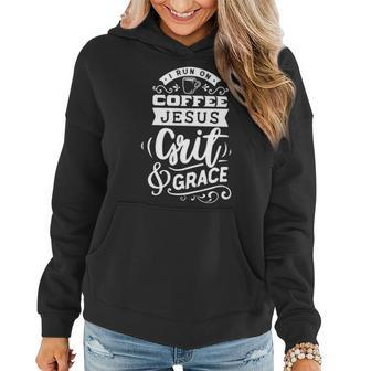 Strong Woman I Run On Coffee Jesus Grit And Grace White Women Hoodie Graphic Print Hooded Sweatshirt - Seseable