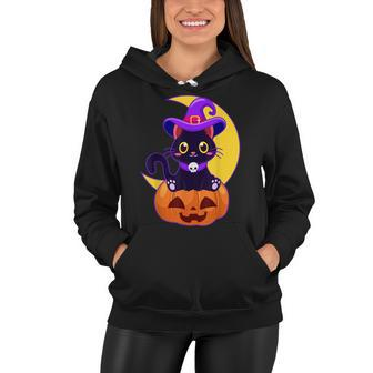 Vintage Scary Halloween Black Cat Costume Witch Hat & Moon Women Hoodie - Seseable