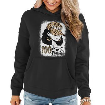 Womens 100 Years Old Fabulous Messy Bun Afro Leopard 100Th Birthday Women Hoodie Graphic Print Hooded Sweatshirt - Thegiftio UK