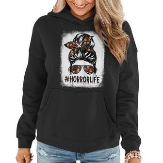 Womens Messy Bun Horror Life Horror Movie Horror Mom Halloween Women Hoodie Graphic Print Hooded Sweatshirt - Thegiftio