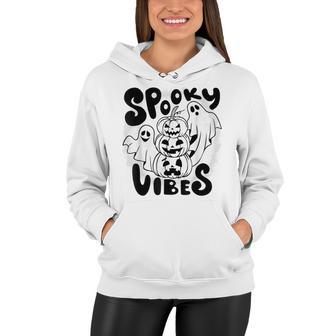 Cute Ghost Halloween Retro Groovy Spooky Vibes Fun Halloween Women Hoodie - Seseable