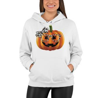 Cute Pumpkin Face With Leopard Print Glasses Girls Halloween V2 Women Hoodie - Seseable