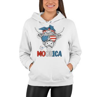 Funny Moorica 4Th Of July American Flag Highland Cow Women Hoodie - Seseable