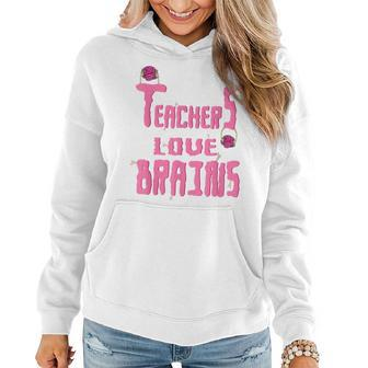 Funny Teachers Love Brains Teacher Zombie Halloween Women Hoodie Graphic Print Hooded Sweatshirt - Thegiftio UK