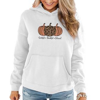 Grateful Thankful Blessed Three Pumpkins Orange Leopard Fall Women Hoodie Graphic Print Hooded Sweatshirt - Seseable